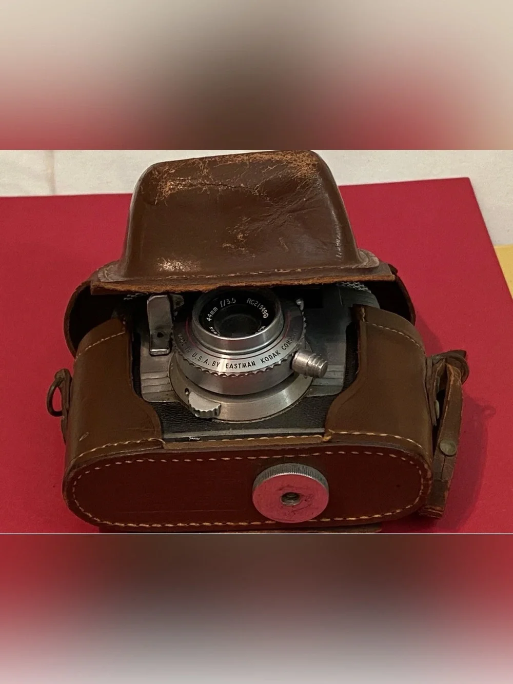 Vintage Kodak Signet 35 Camera with Brown Leather Case and Silver Metal Body